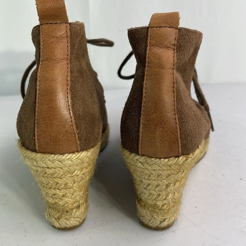 Brown suede lace up wedge espadrilles
